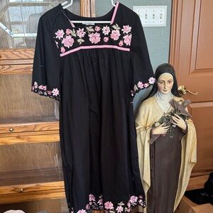 Black Midi Dress with Pink Floral Embroidery